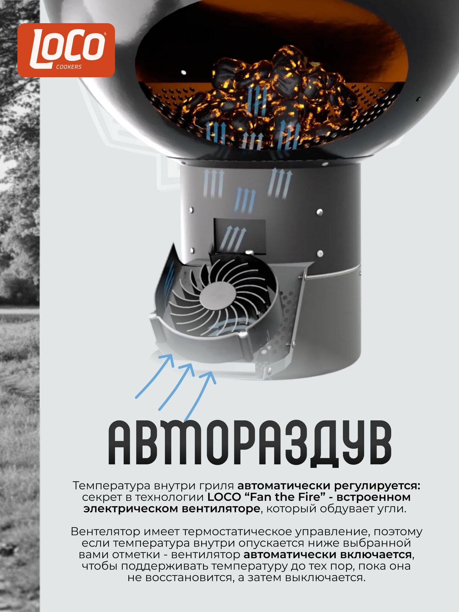 Гриль угольный LOCO Cookers by BRONX 57 см с таймером, авторозжигом, поддержанием температуры и термощупом, 2 года гарантии — фото 1