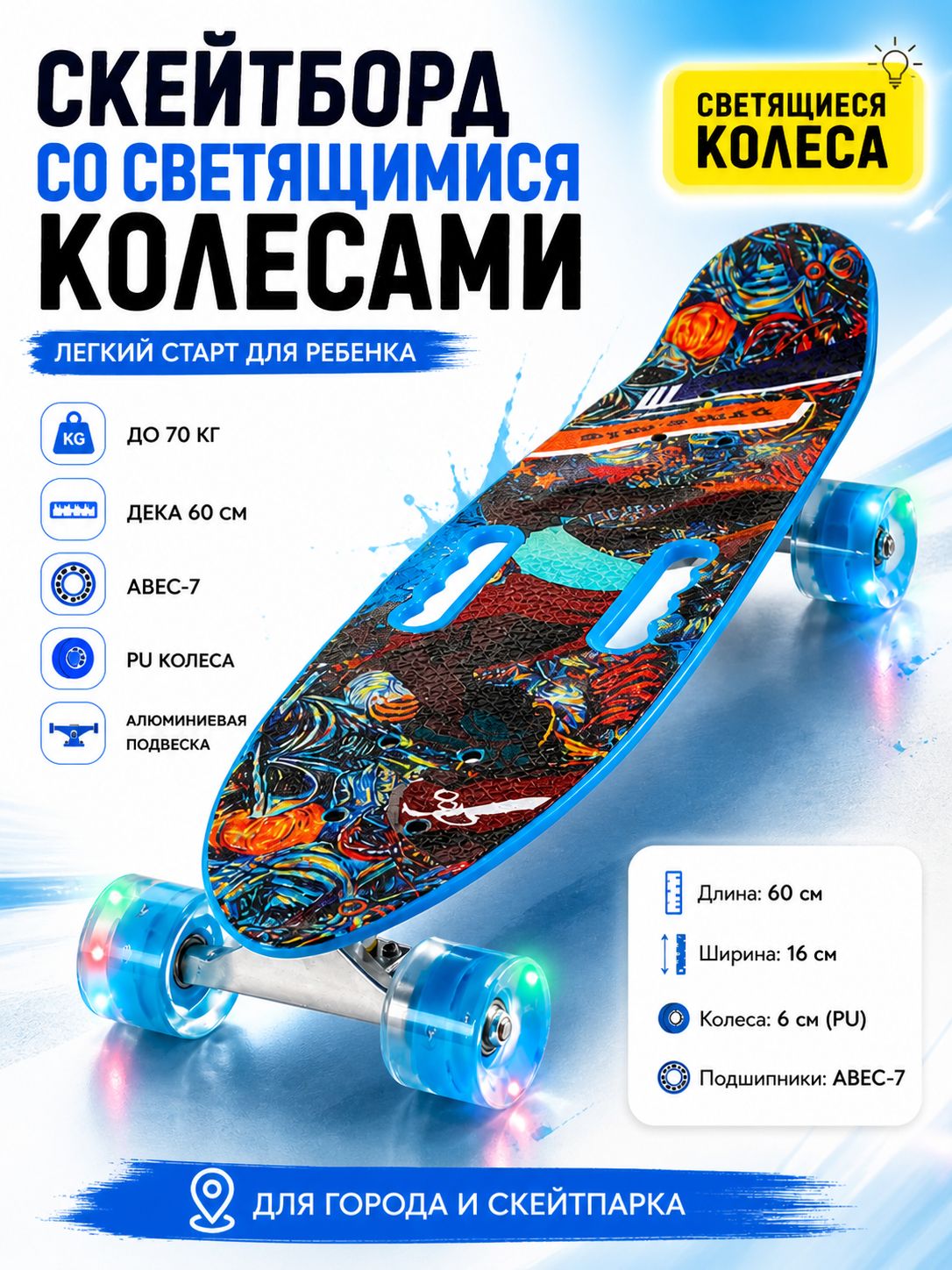 Скейтборд SYNERGY, с подсветкой колес, пластик, ABEC 7, 60х20см синий