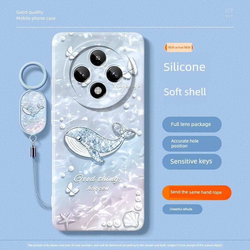 Силиконовый чехол для OPPO A3 4G с полным покрытием котика, лавандово-серый кит, в комплекте с браслетом