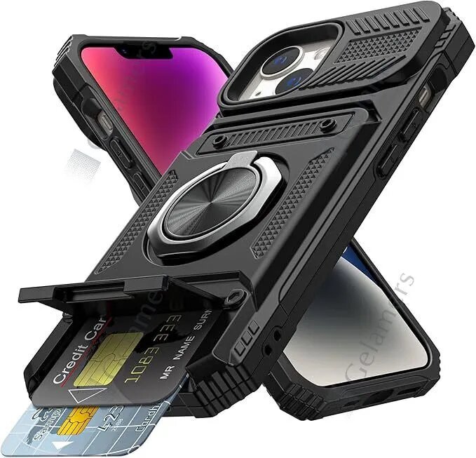 Чехол для Apple iPhone 14 (айфон 14) Магнитная поворотная подставка, прочная защита от падений, чехол-кошелек, черный