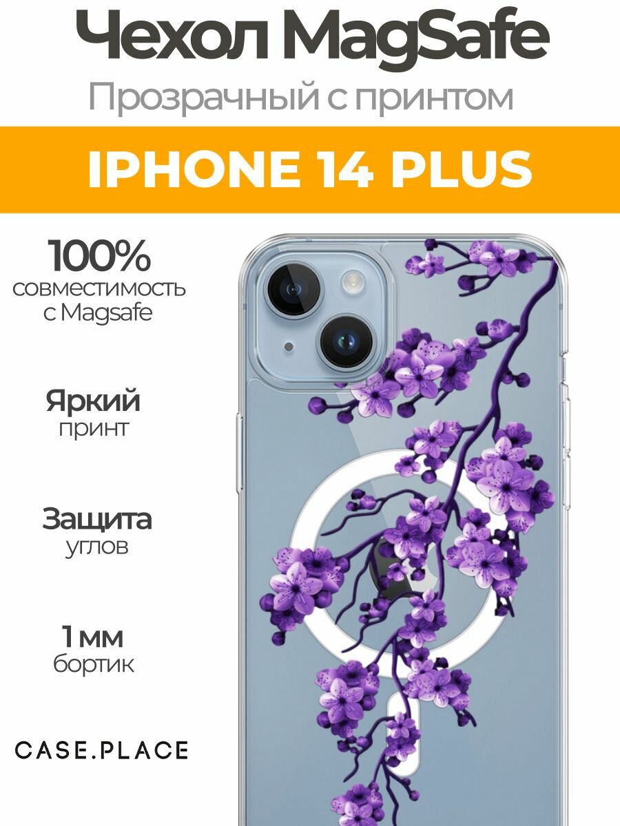 Чехол на Apple iPhone 14 Plus (Айфон 14 Плюс) MagSafe с магнитом и принтом Фиолетовая сакура