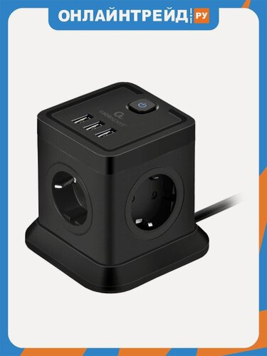 Изображение товара Сетевой фильтр Cablexpert Tower, 4 розетки, 3xUSB, 2м, черный, коробка