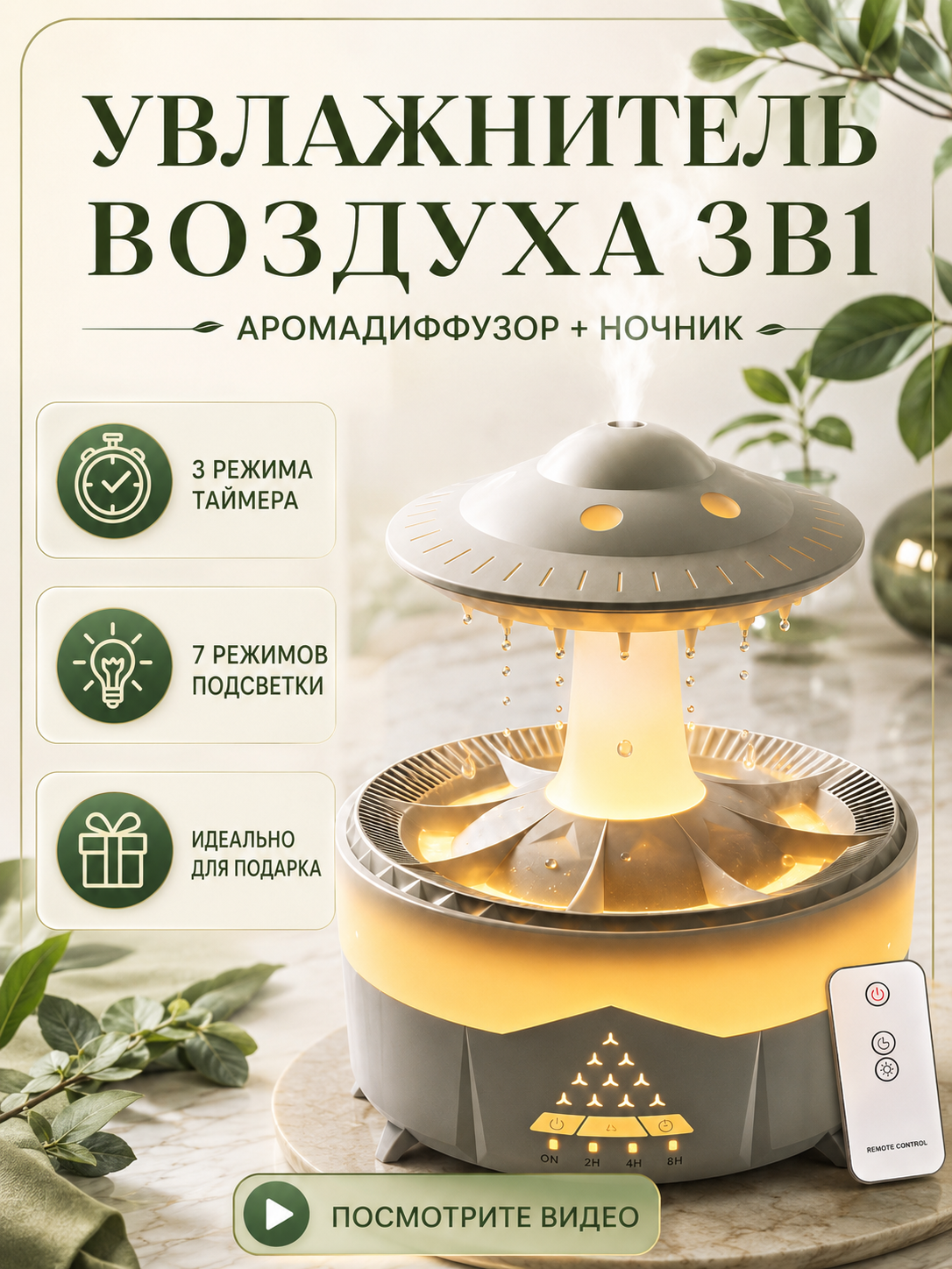 Увлажнитель воздуха с подсветкой Гриб TWO, Ультразвуковой аромадиффузор ночник для дома, Белый