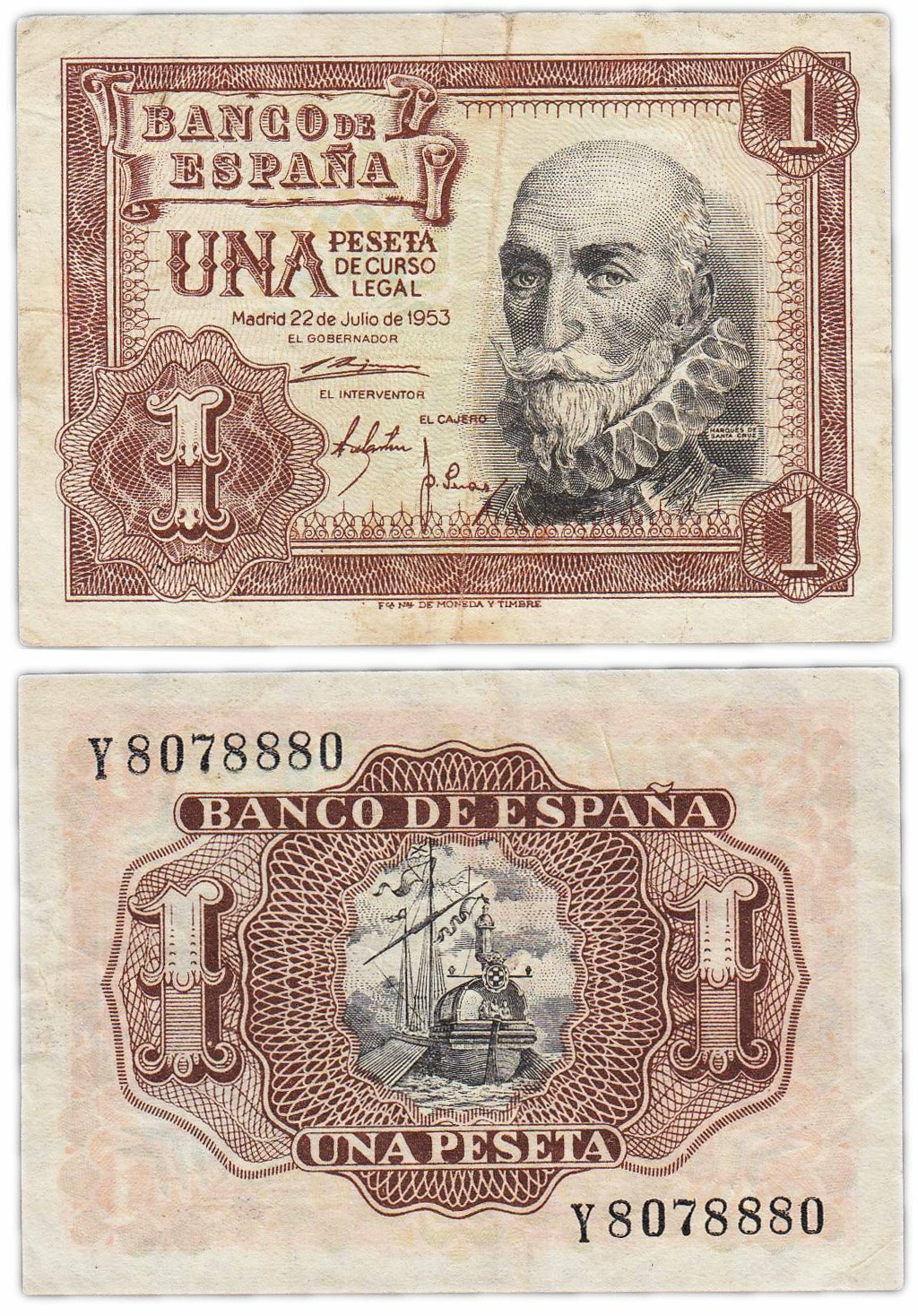 Испания 1 песета 1953 Pick 144a Маркиз Санта-Крус