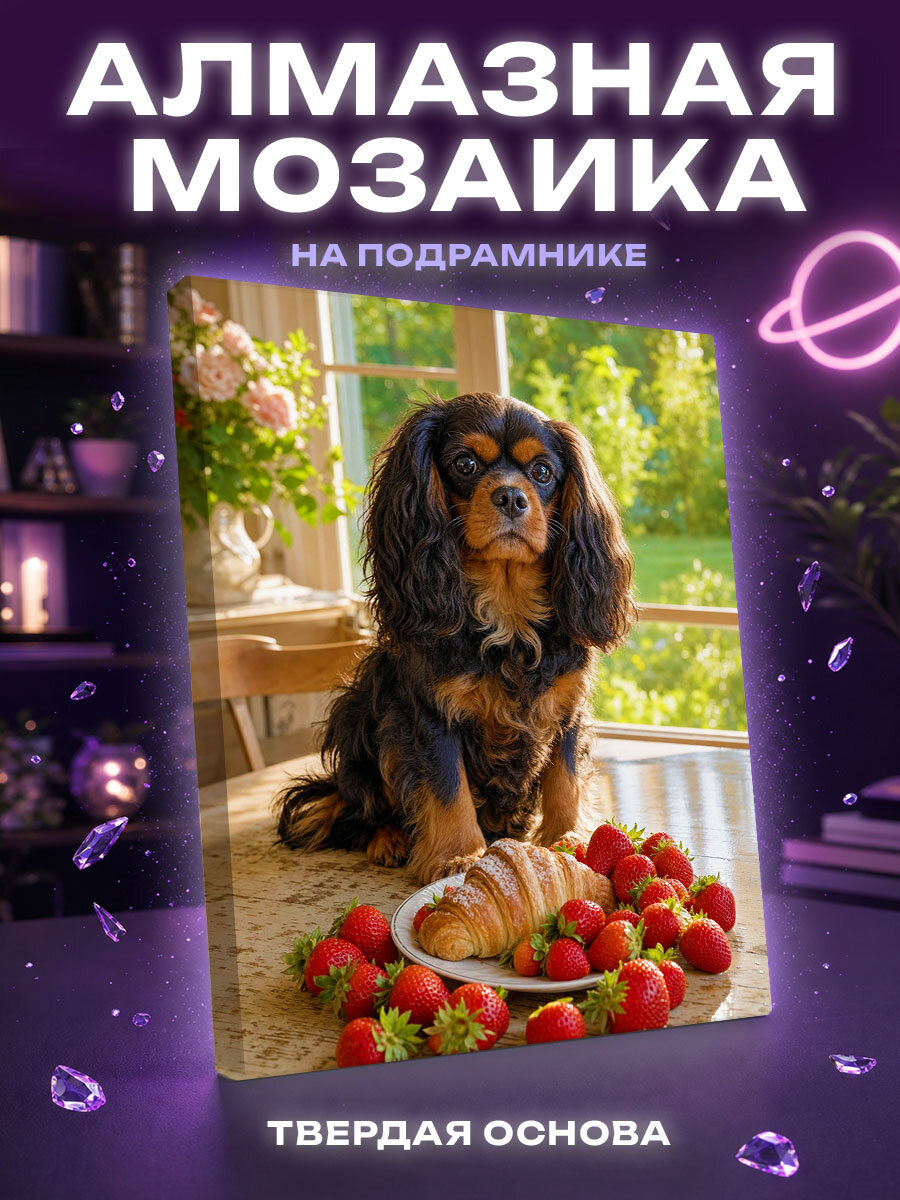 Алмазная мозаика Спаниель с круассаном у окна