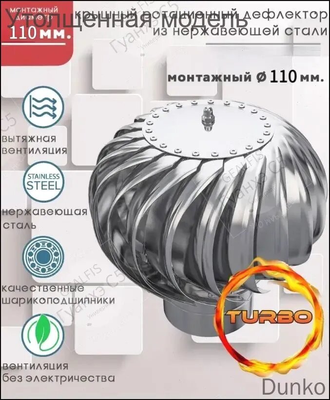 Дефлектор 110 мм для вентиляции, турбо-дефлектор нержавеющая сталь, на трубу 110 мм