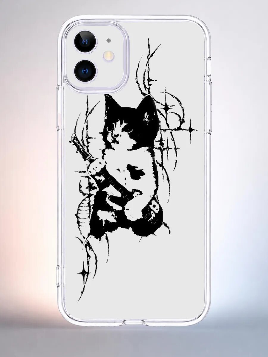 Чехол iPhone 11 кот с мечом силиконовый прозрачный