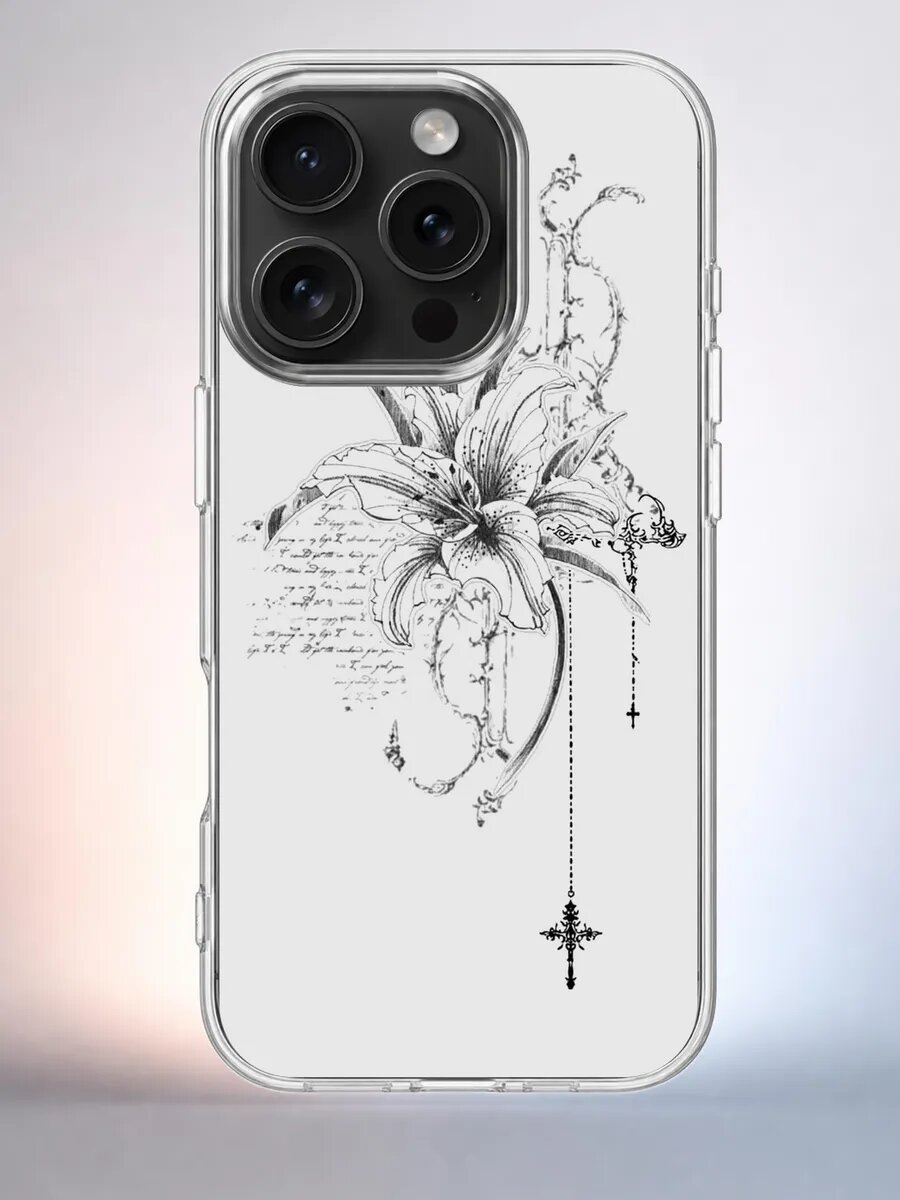 Чехол iPhone 15 Pro лилия с крестом силиконовый прозрачный
