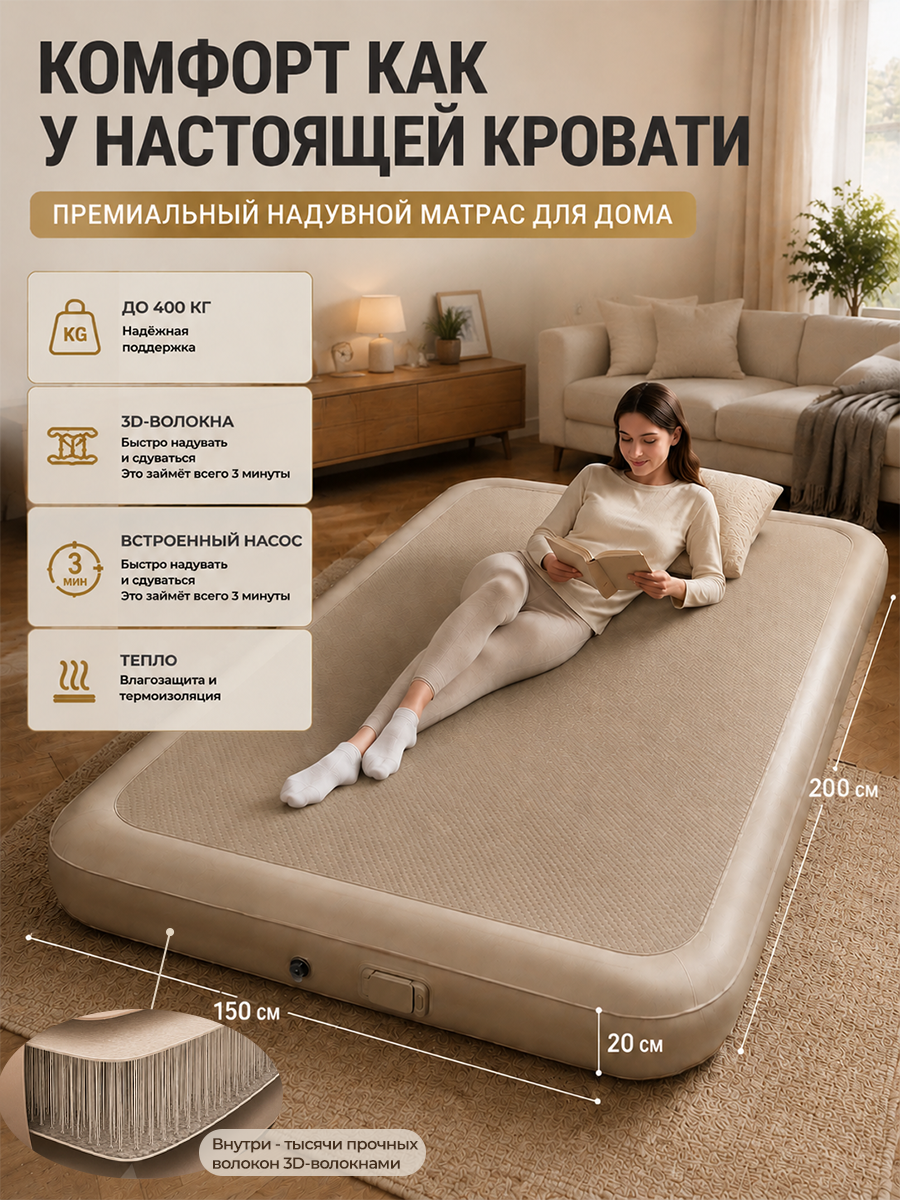 Двуспальный надувной матрас 200×150×20 см, до 400 кг, со встроенным электронасосом, ПВХ с 3D‑волокнами