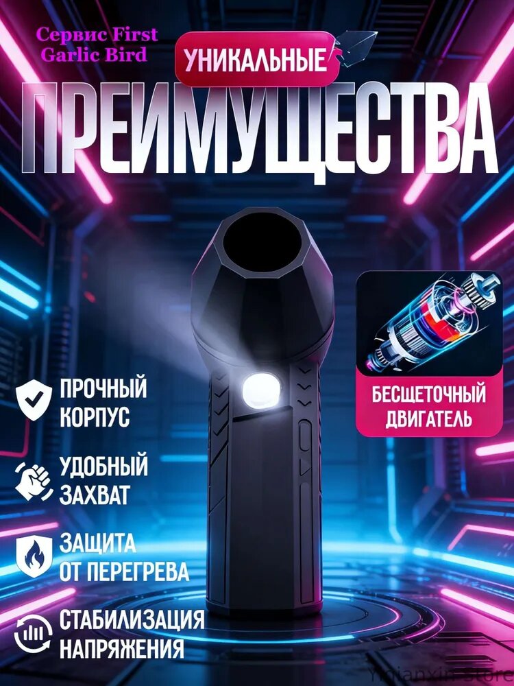 Воздуходувка беспроводная ручная, 4 режима скорости, сверхяркий фонарик, 130000 об/мин, аккумулятор — фото 1