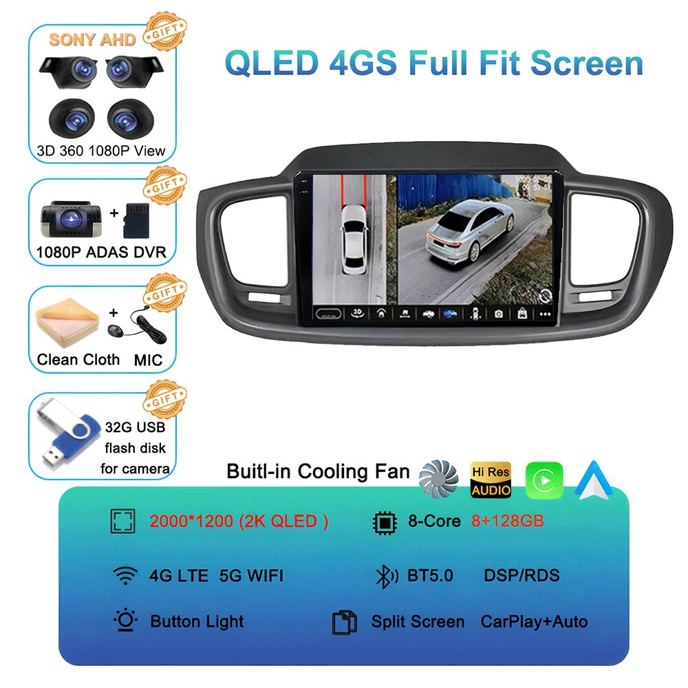 Автомагнитола Android 16 для Kia Sorento 3 2014-2017, GPS-навигация, Carplay, мультимедиа, BT, видеоплеер, DSP, 2din, DVD