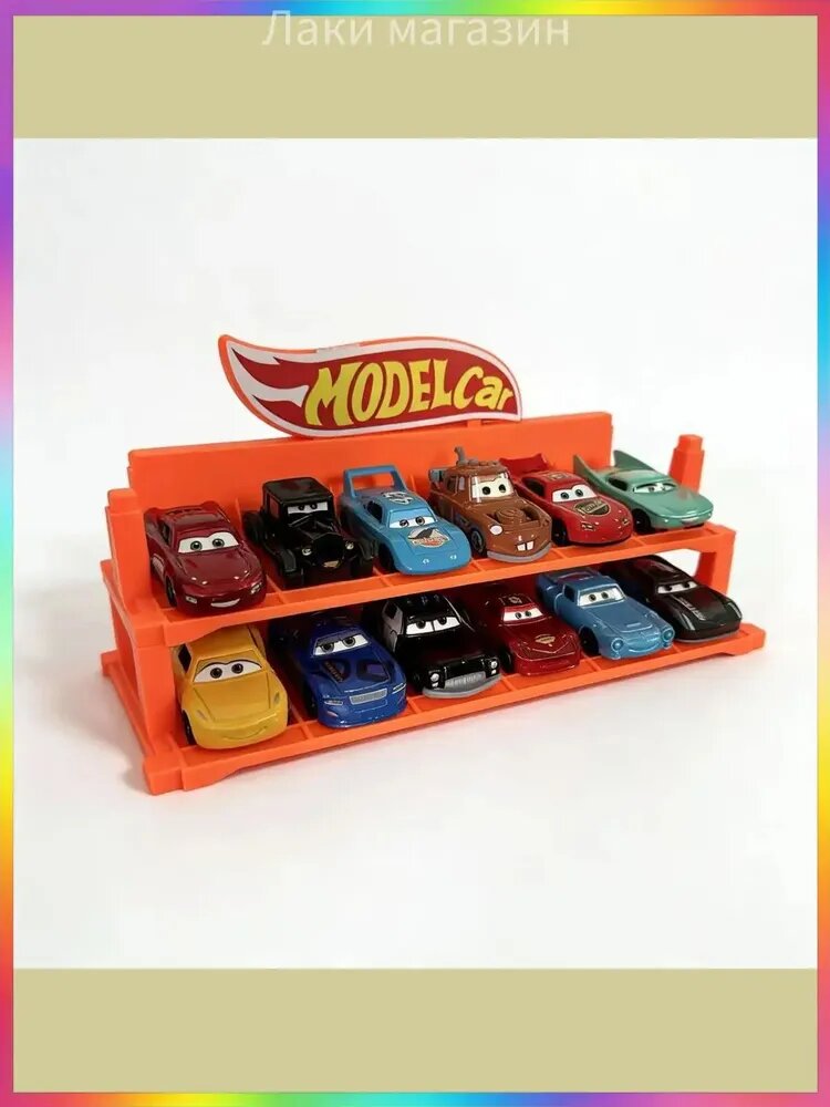Игрушка машинка Тачки Масштаб 1:64, 12 штук в наборе + двухэтажная парковка, сплав Маккуин и Матер, обратная связь, двери открываются, подарок для мальчика 3-7 лет