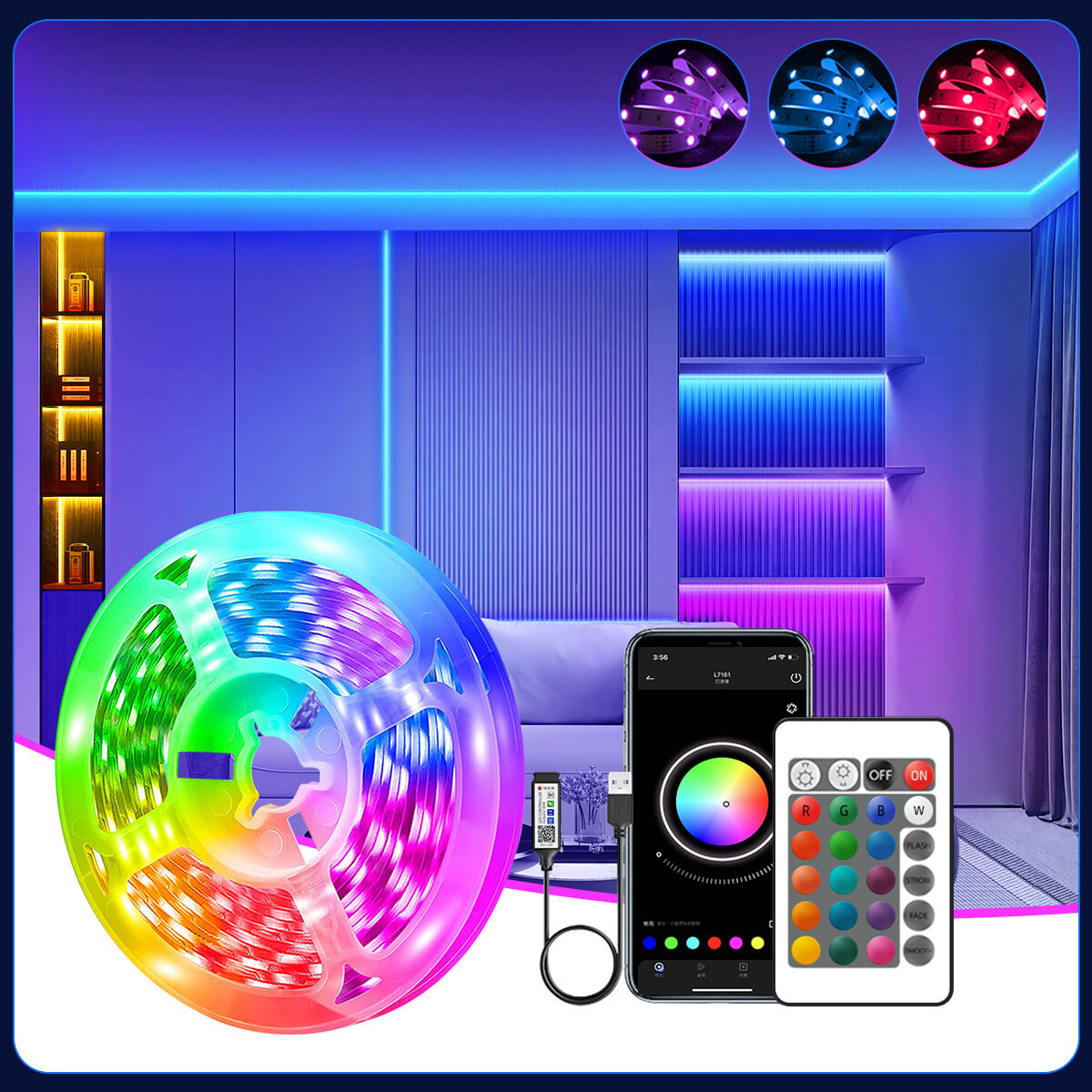 USB 5V RGB светодиодная лента 3535 10M с 24-кнопочным пультом ДУ и Bluetooth APP контроллером подсветка для ТВ