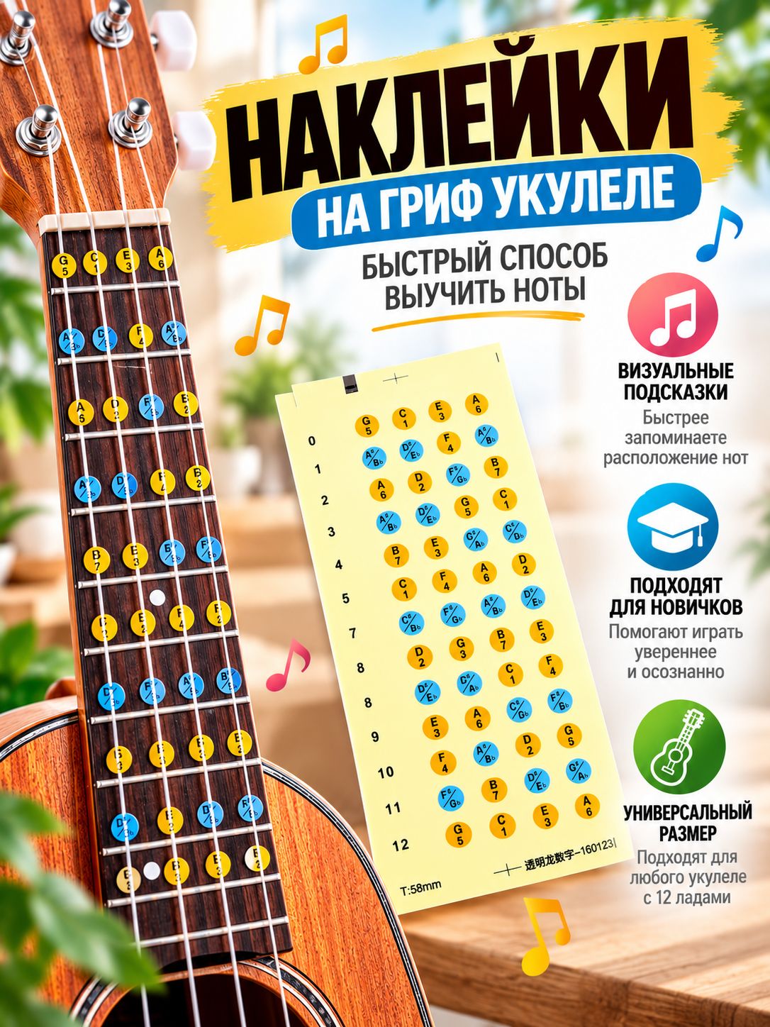 Обучающие наклейки на гриф укулеле / Стикеры шпаргалка с нотами для укулеле