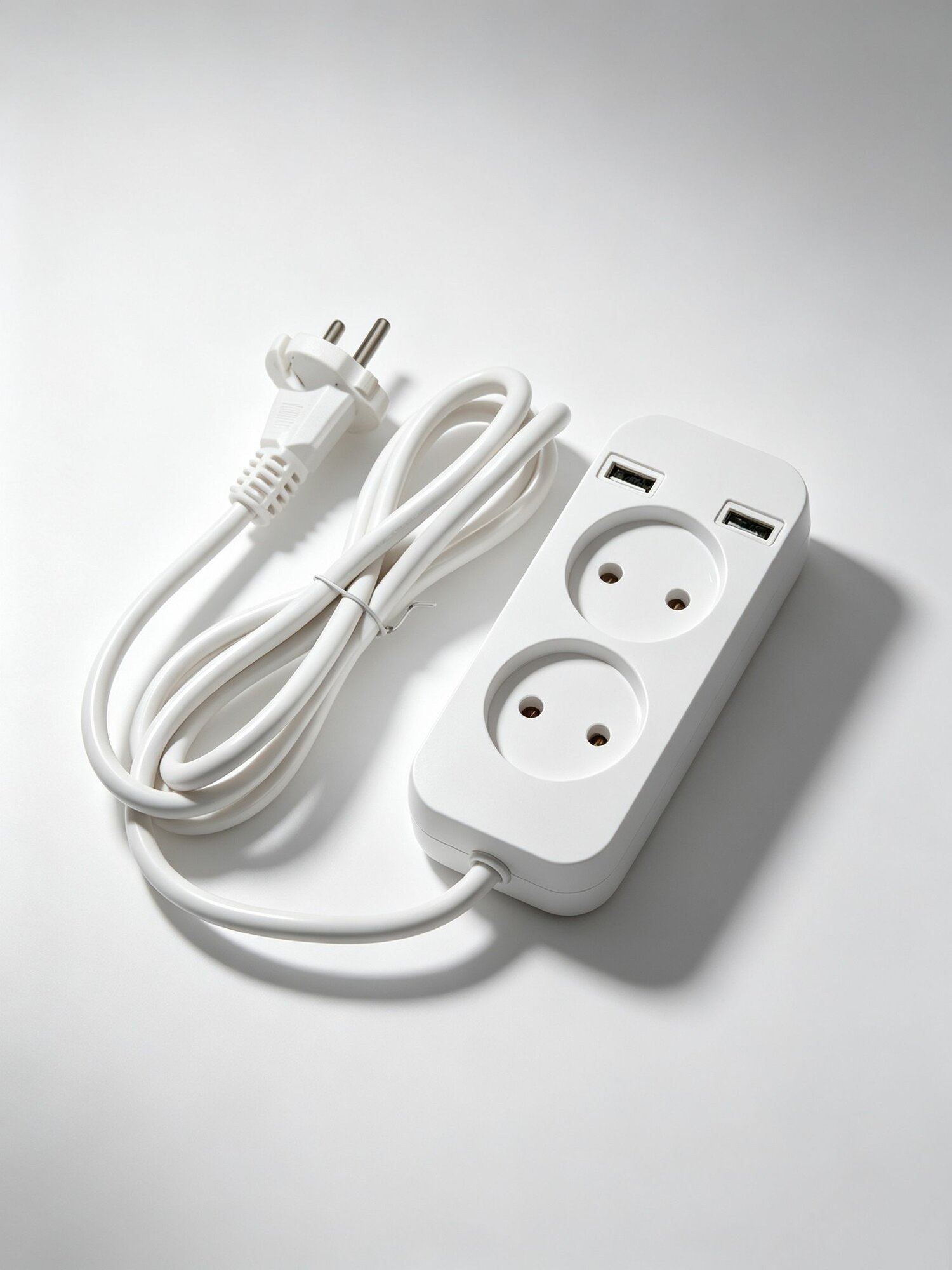 Удлинитель белый, 2 евро розетки без заземления + 2 USB порта, кабель 1,5 м, 10А 250В, общий выход USB 5В 2А для дома и офиса