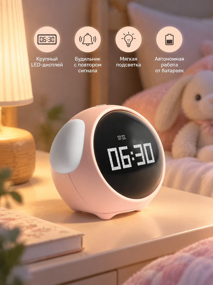 Розовый настольный будильник с электронным LED-дисплеем, подсветкой и тихим ходом для спальни