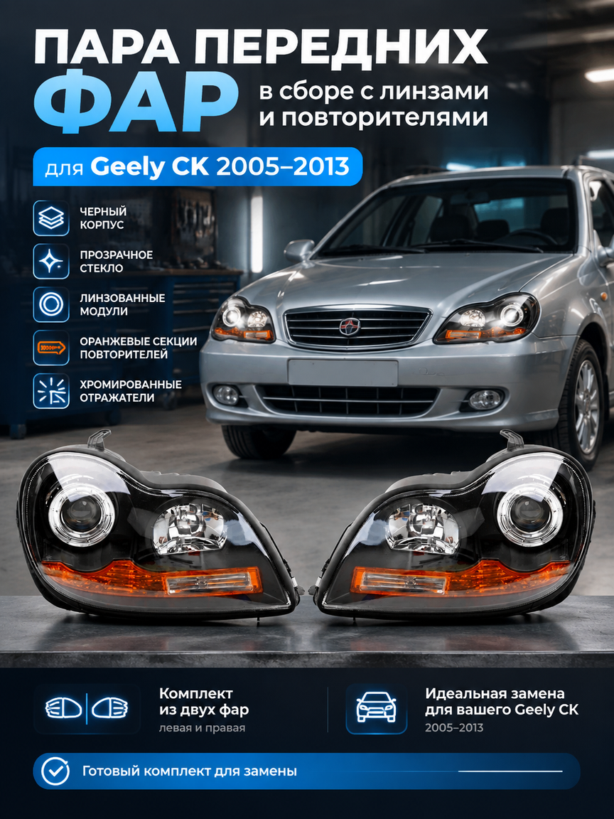 Пара передних фар в сборе с линзами и повторителями для Geely CK 2005-2013, черный корпус