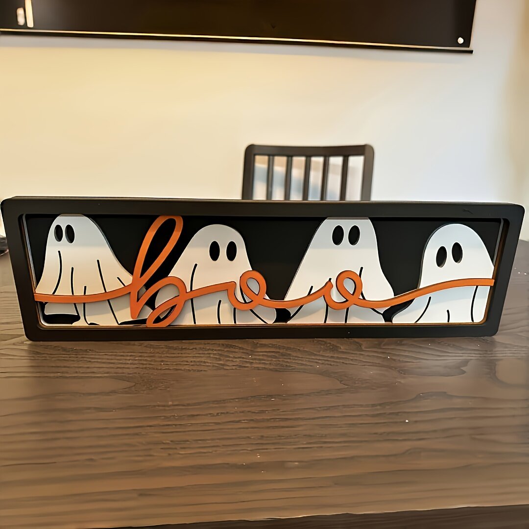 Объемная декоративная табличка на Хэллоуин с надписью "Boo" и красной линией, для украшения стен