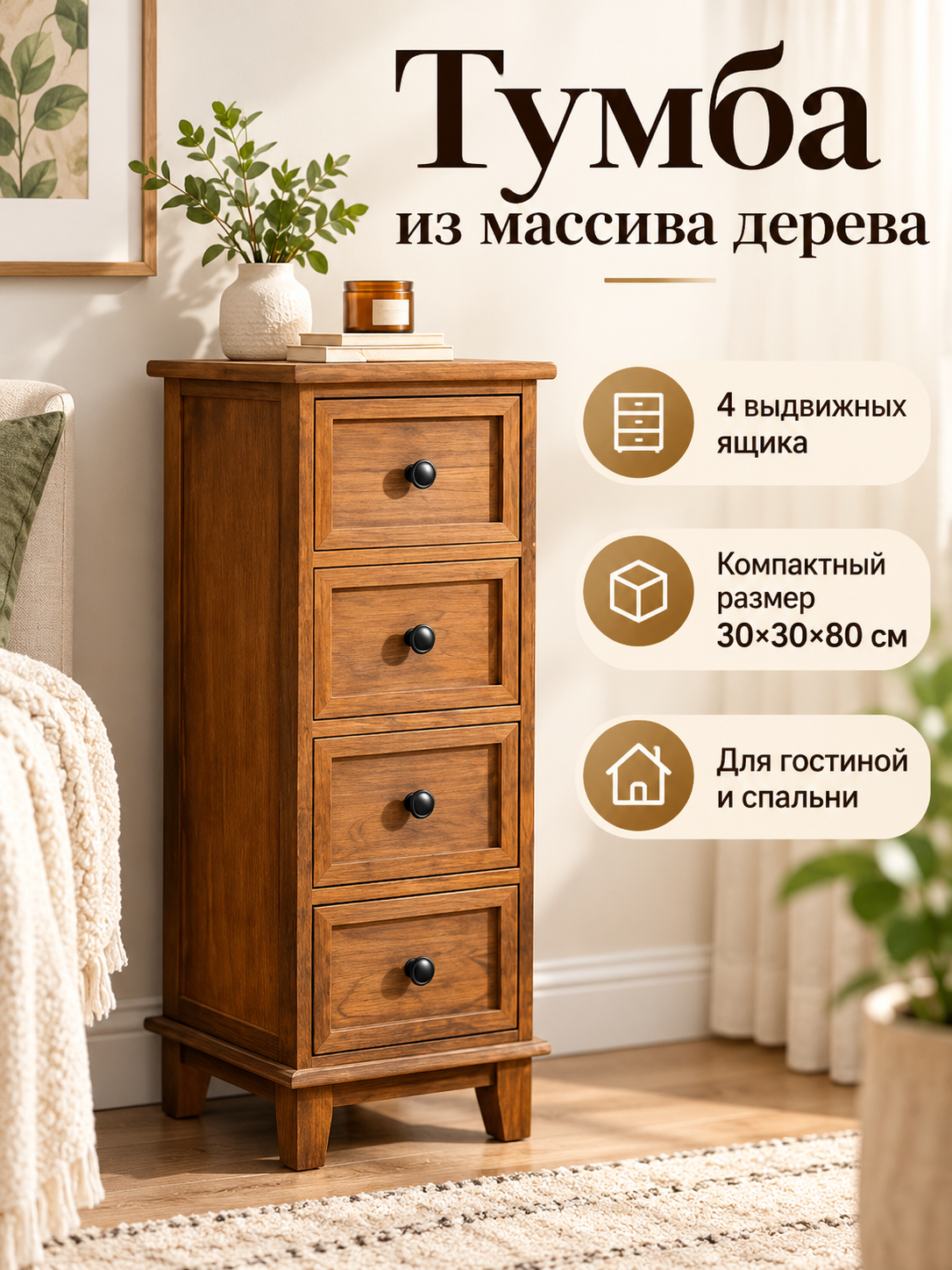 Тумба из массива дерева с выдвижными ящиками для гостиной и спальни 30x30x80 см11