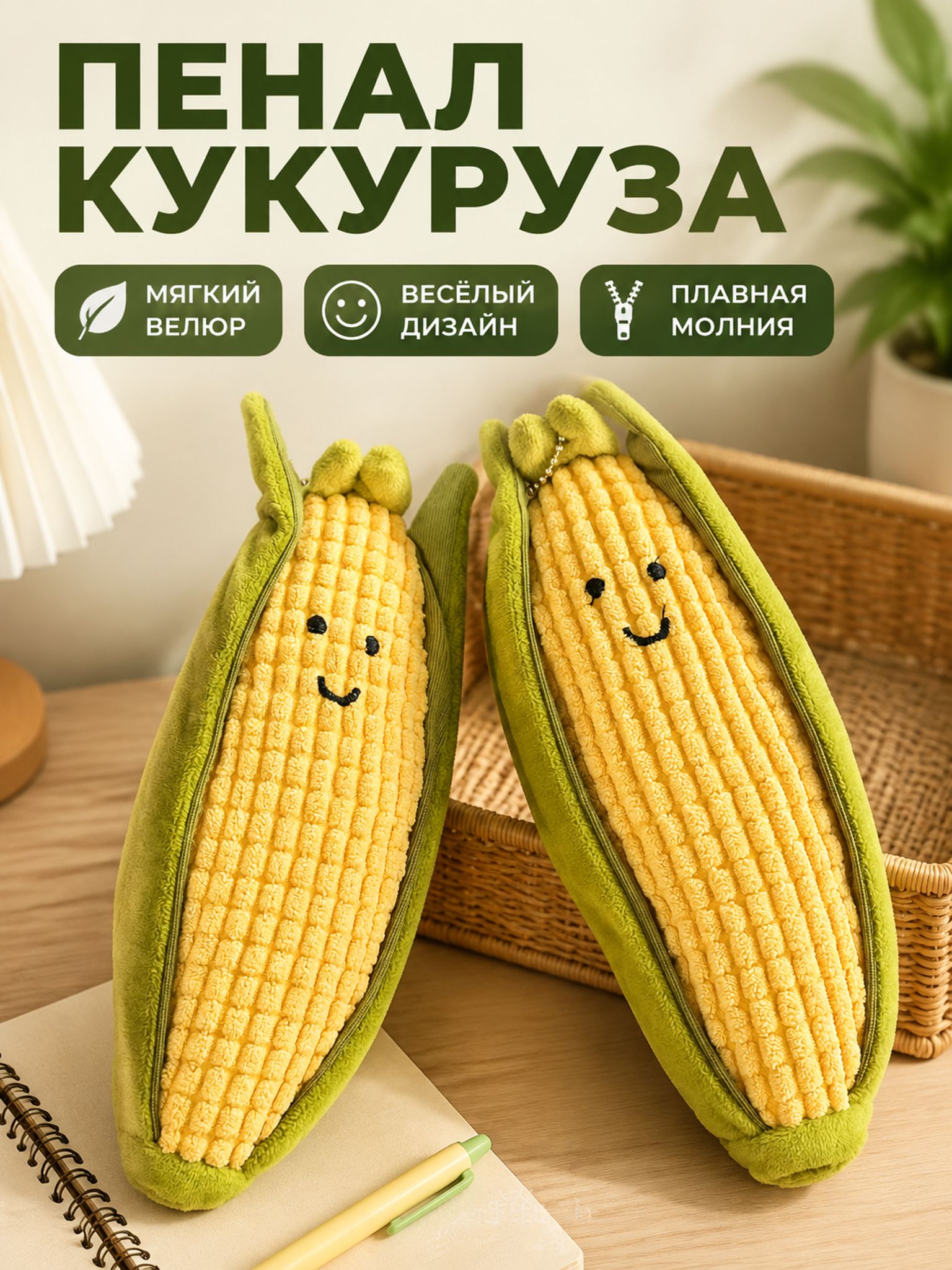 Плюшевая подвеска-брелок в виде кукурузы, 8x20 см, жёлтая, с металлической цепочкой из бусин для ключей и сумки, мягкая игрушка