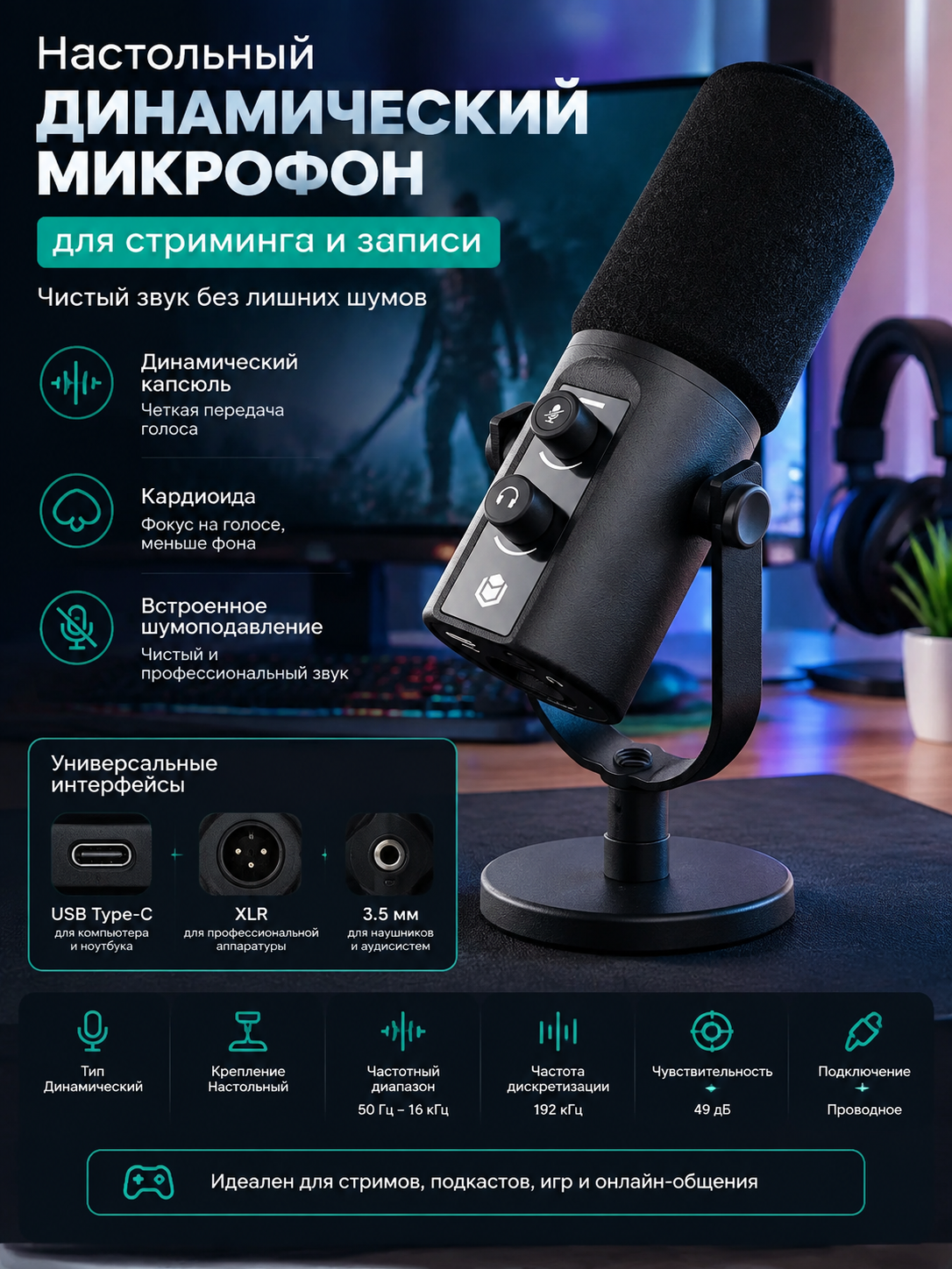 Настольный динамический микрофон для стриминга с USB Type-C и XLR, черный