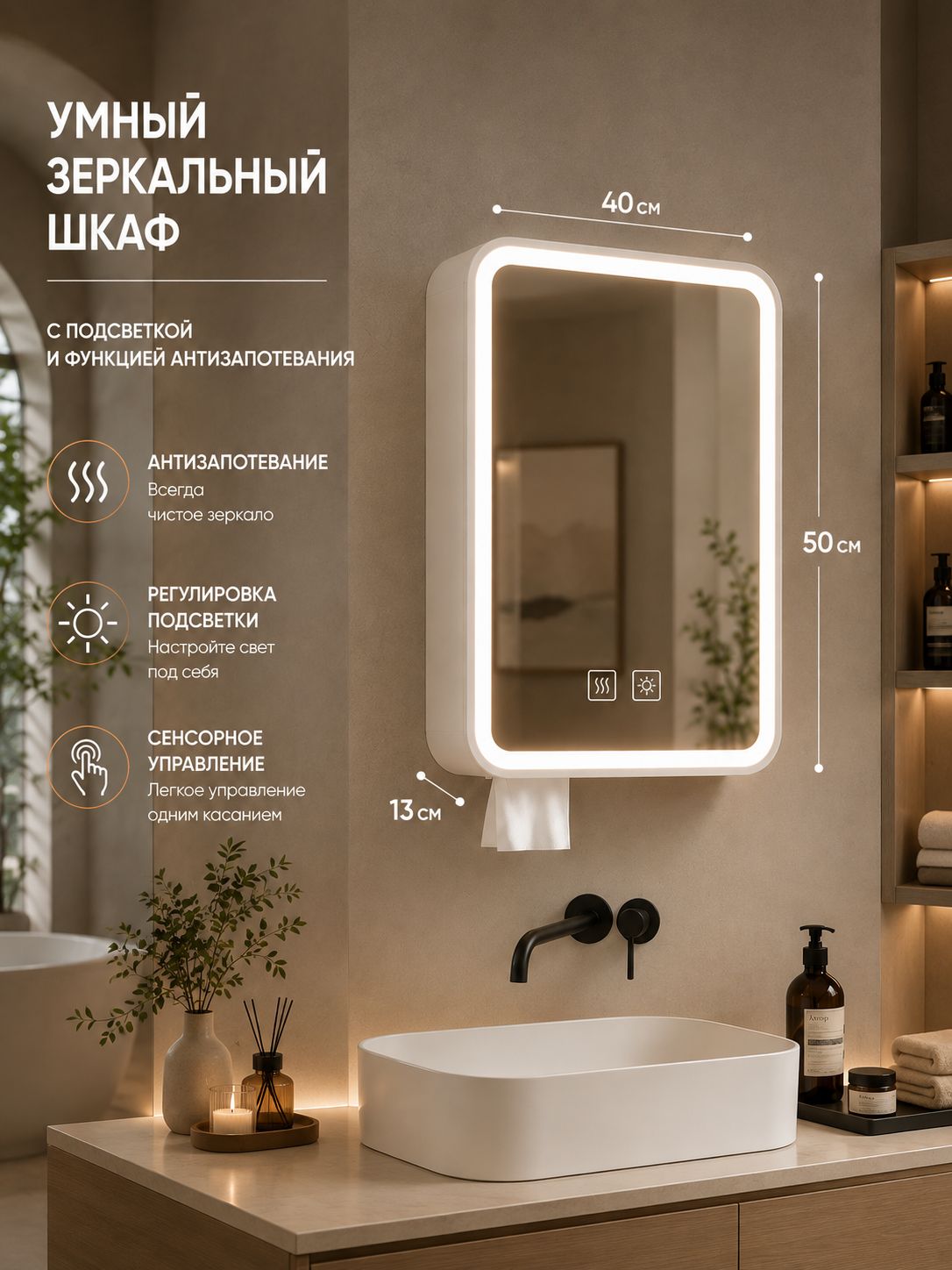 Шкаф для ванной, 40х13х50 см, Универсальный