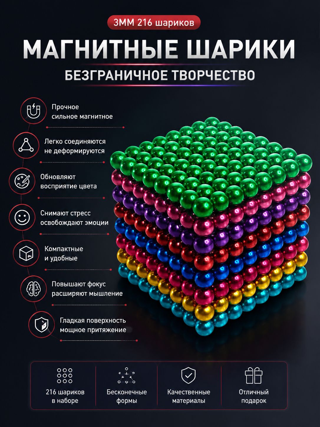 Магнитные шарики неокуб 3 мм 216 шт цветные конструктор