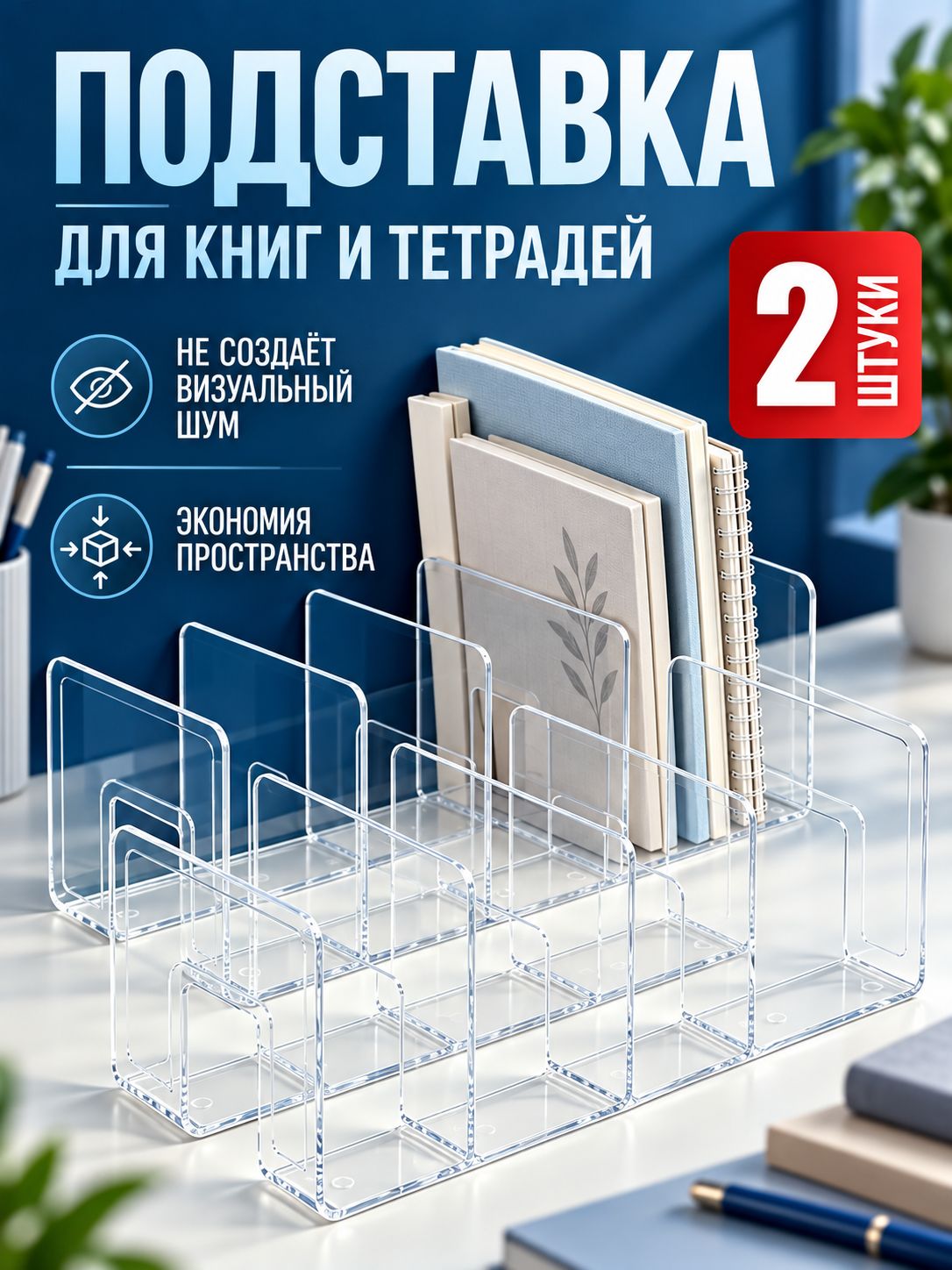 Подставка для книг и тетрадей 2 шт, прозрачный пластиковый органайзер с 4 отделениями для дома, офиса и класса, компактная настольная конструкция
