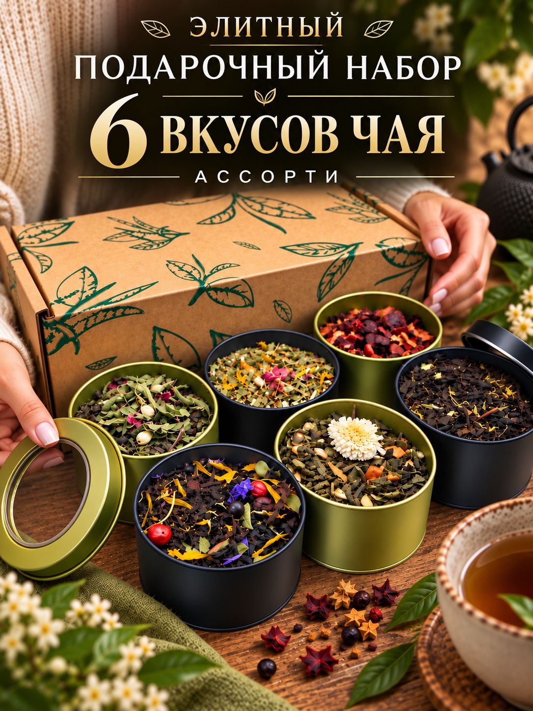 Чай подарочный набор ассорти ChefTea, 6 вкусов в баночках: черный, зеленый, фруктовый, травяной чай листовой, подарок учителю, женщине, маме, коллеге