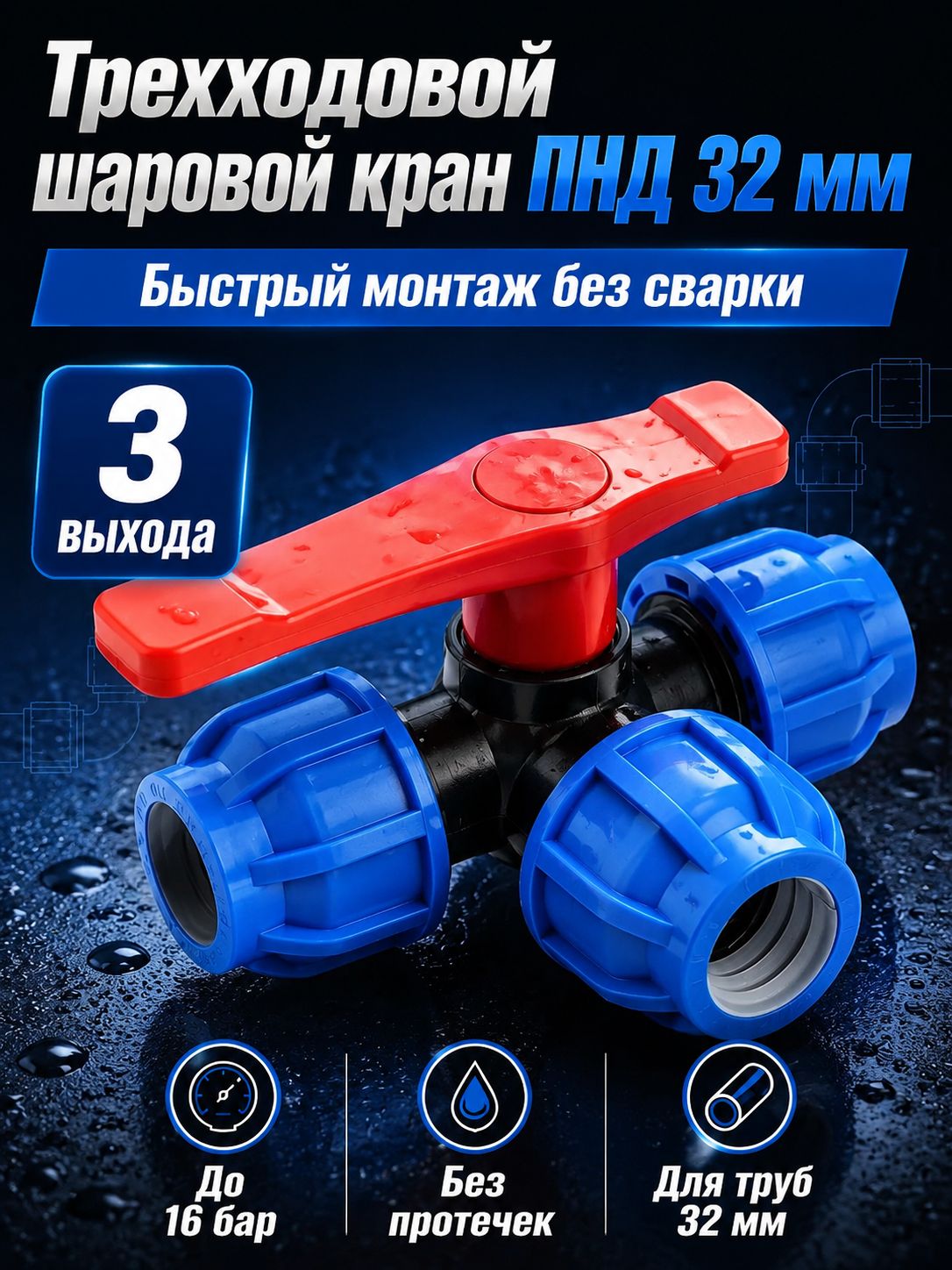 Трехходовой шаровой кран ПНД 32 мм для воды,1 штуки