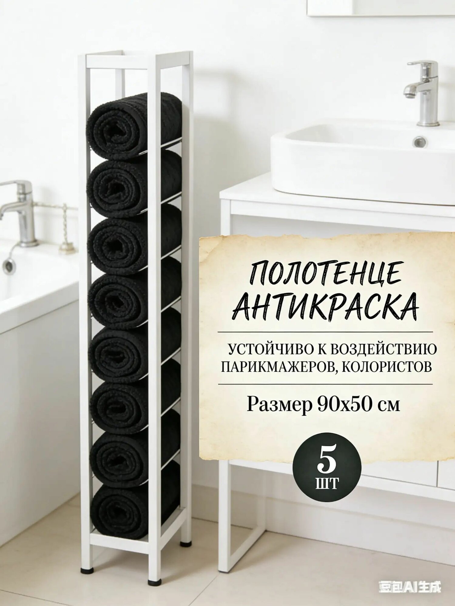 Полотенце банное 50x90 см, махровая ткань, микрофибра, черный, 5 шт