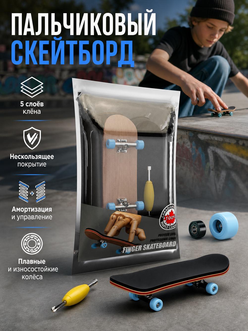 Скейтборд для пальцев из клёна, 10 см, светло-голубые колёса