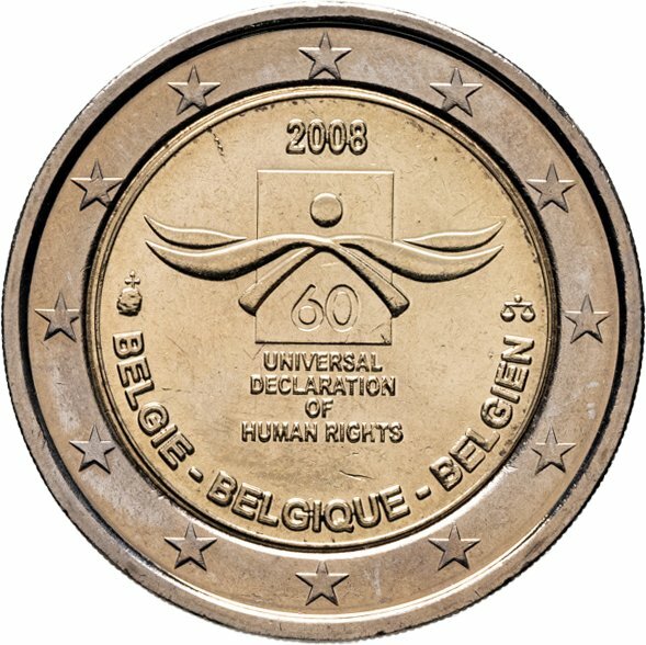 Бельгия 2 euro евро 2008 "60 лет Всеобщей декларации прав человека", Биметалл, в сохранности UNC