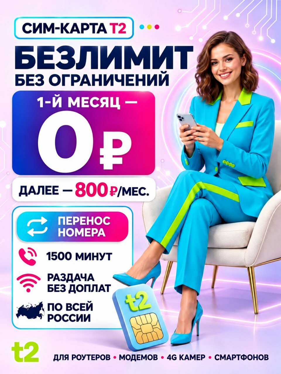 Сим-карта Теле2 Партнёр L | Безлимит + 1500 мин | Для роутера и камеры | Перенос номера бесплатно