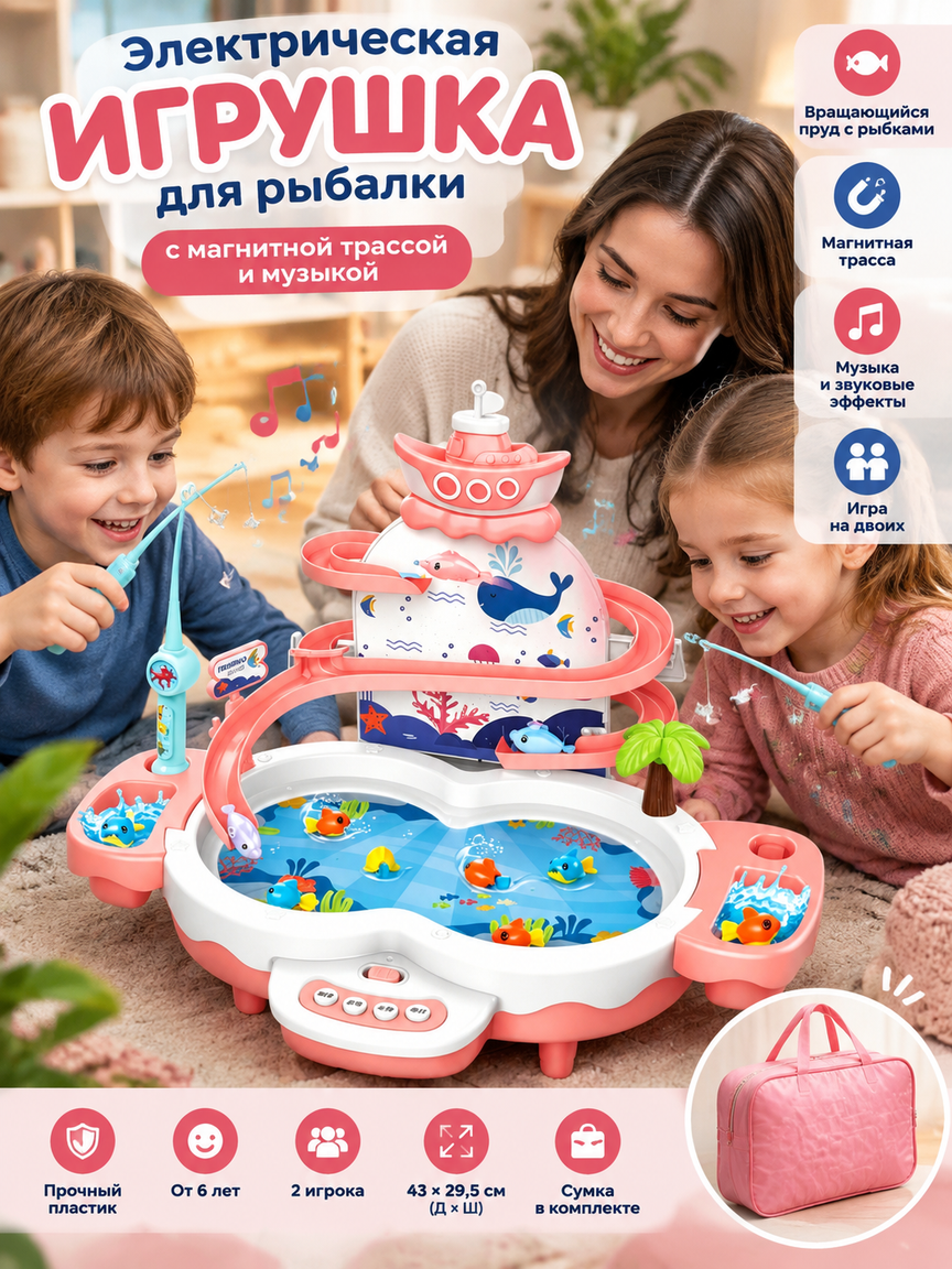 Электрическая игрушка для рыбалки с магнитной трассой и музыкой, розовый игровой набор