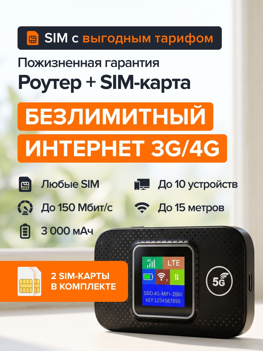 Роутер портативный Wi-Fi 3G 4G 5G с экраном и SIM-картой, модем