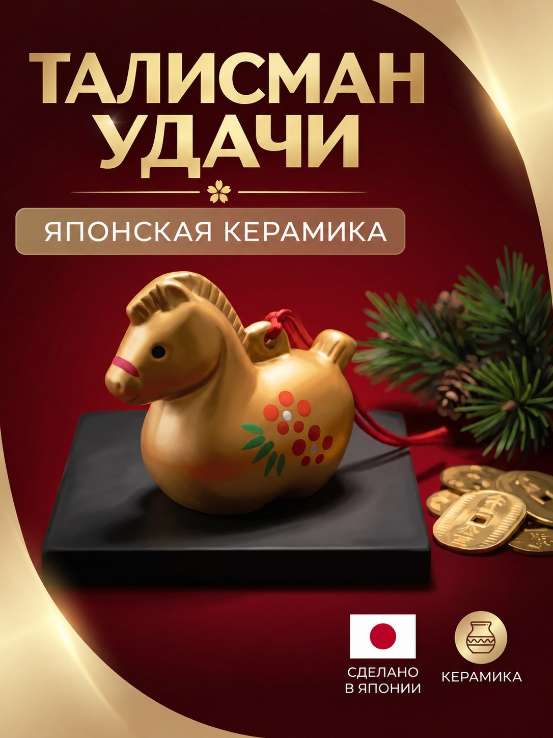 Сувенир фурин (колокольчик) Лошадь, керамика, золото, японский талисман удачи, Япония