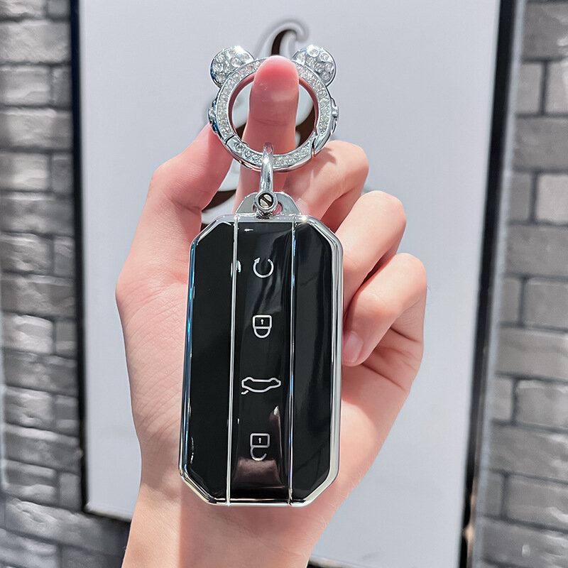 Черный чехол для ключа Chery Jaecoo J5 J7 умный 4-кнопочный брелок с серебряным брелоком-космонавтом и табличкой