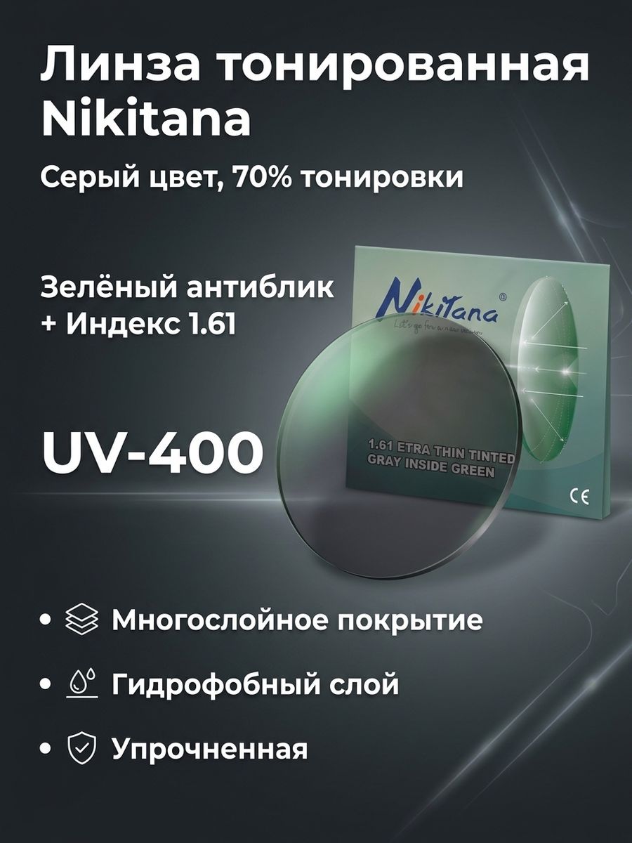Линза для очков, сфера -4.75 Сплошная тонировка 70% , цвет серый Nikitana индекс 1.61