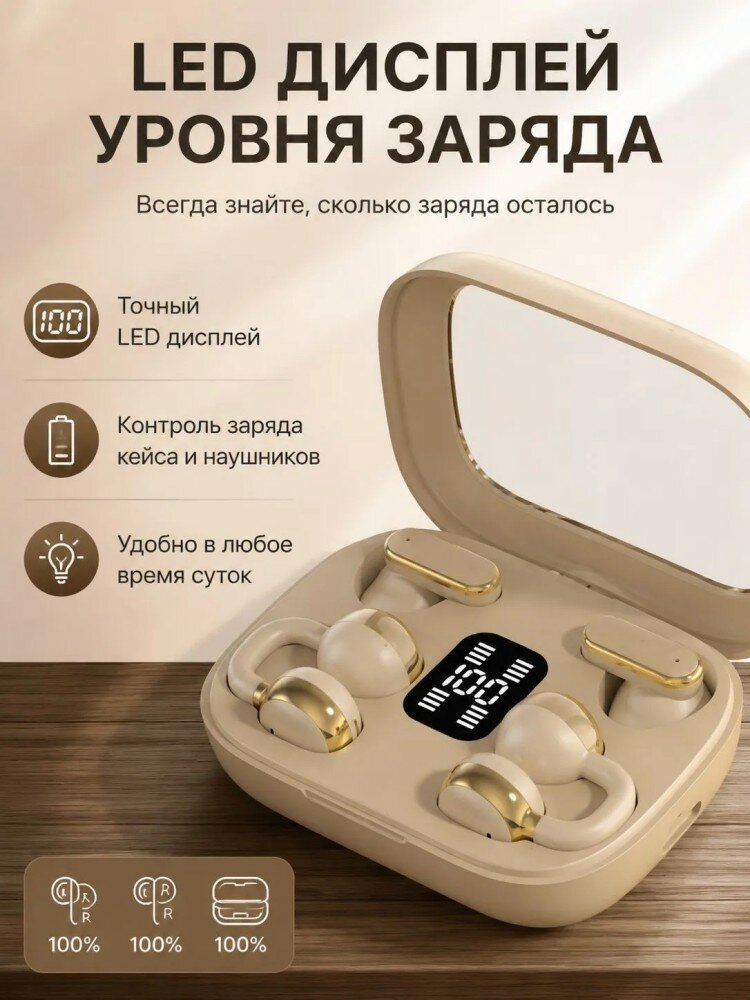 Беспроводные TWS‑наушники, 2 варианта ношения: клипсы открытые и внутриканальные, Bluetooth 5.4, дисплей заряда
