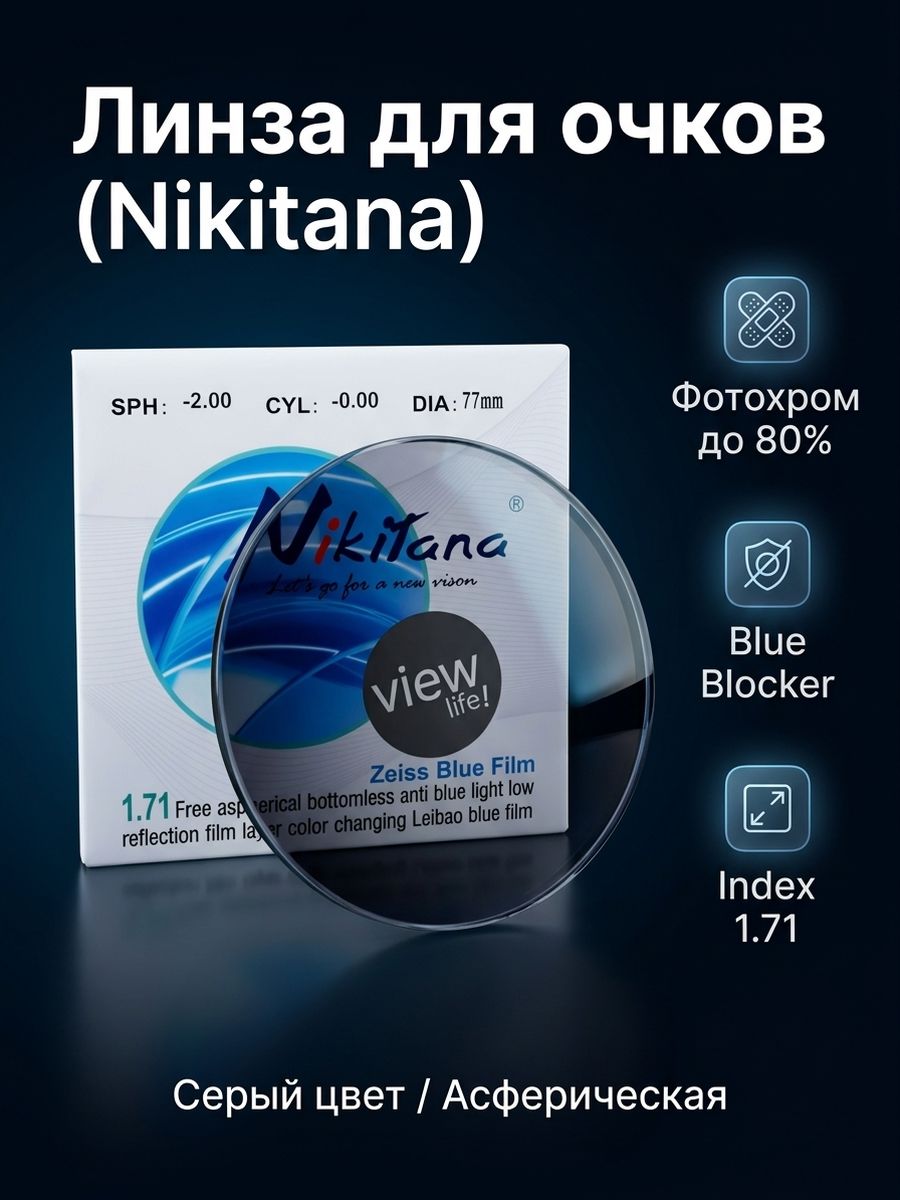 Линза для очков, сфера -13.00 Фотохромная цвет серый, Blue Blocker Nikitana индекс 1.71
