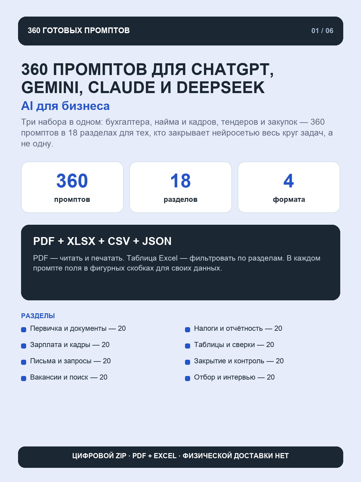 AI для бизнеса: 360 промптов для ChatGPT, Gemini, Claude и DeepSeek, цифровой ZIP PDF и Excel