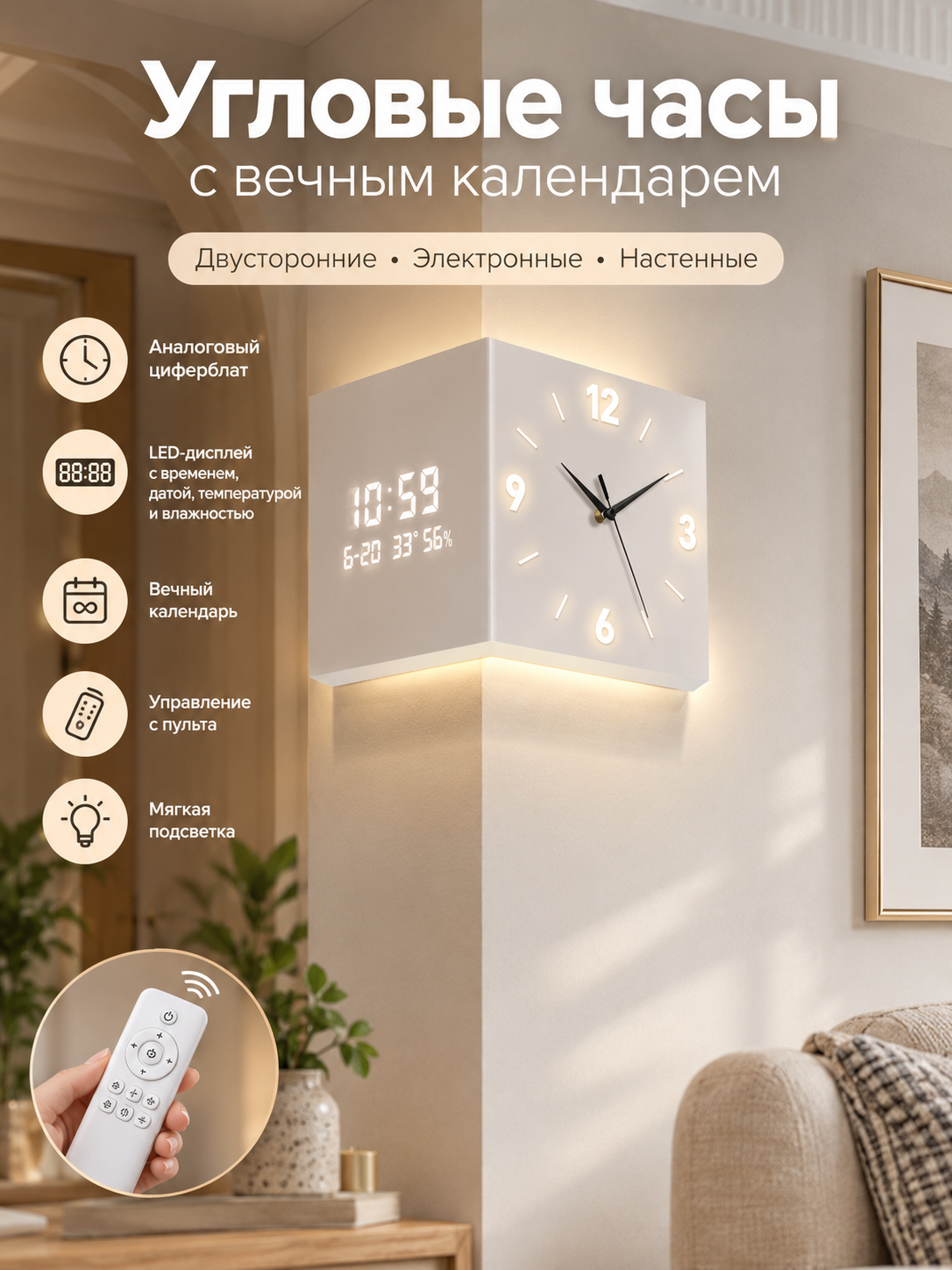 Угловые настенные часы с вечным календарем, электронные, двусторонние, с пультом, белые, 10 дюймов