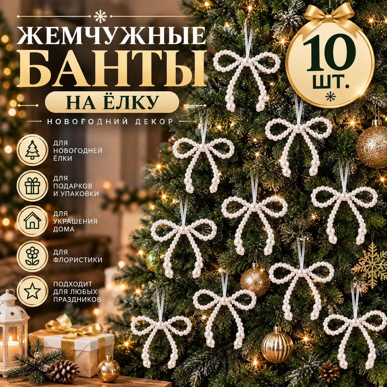 Новогодний бант-бабочка белый 12 см, набор из 10 штук, Искусственные жемчужные бусины, С шнурком для подвешивания