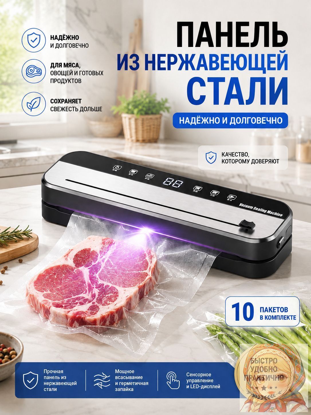Вакууматор для продуктов VS2203S, вакуумный упаковщик + пакеты 10 штук, с запайкой с пакетами с резаком