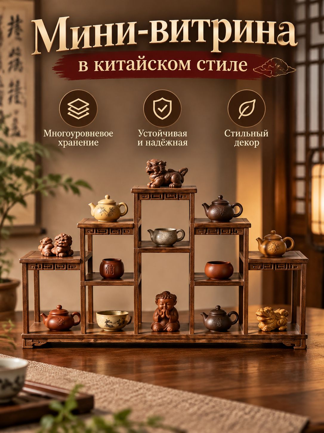 Многоуровневая мини-этажерка в китайском стиле из дерева, подставка для демонстрации чайных аксессуаров, фигурок и коллекционных мелочей