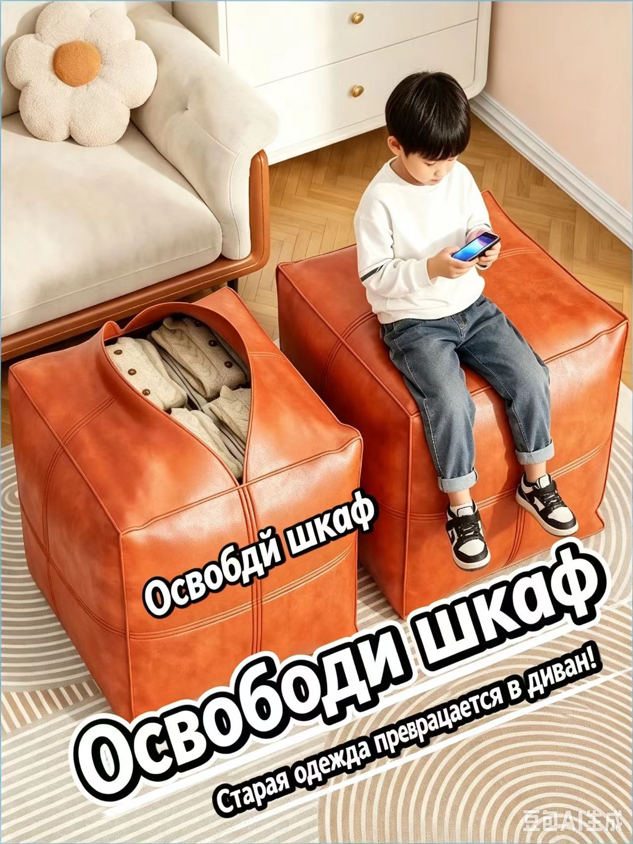 Коробка для хранения длина 40 см, ширина 40 см, высота 40 см, 1 шт, натуральная кожа, коричневый