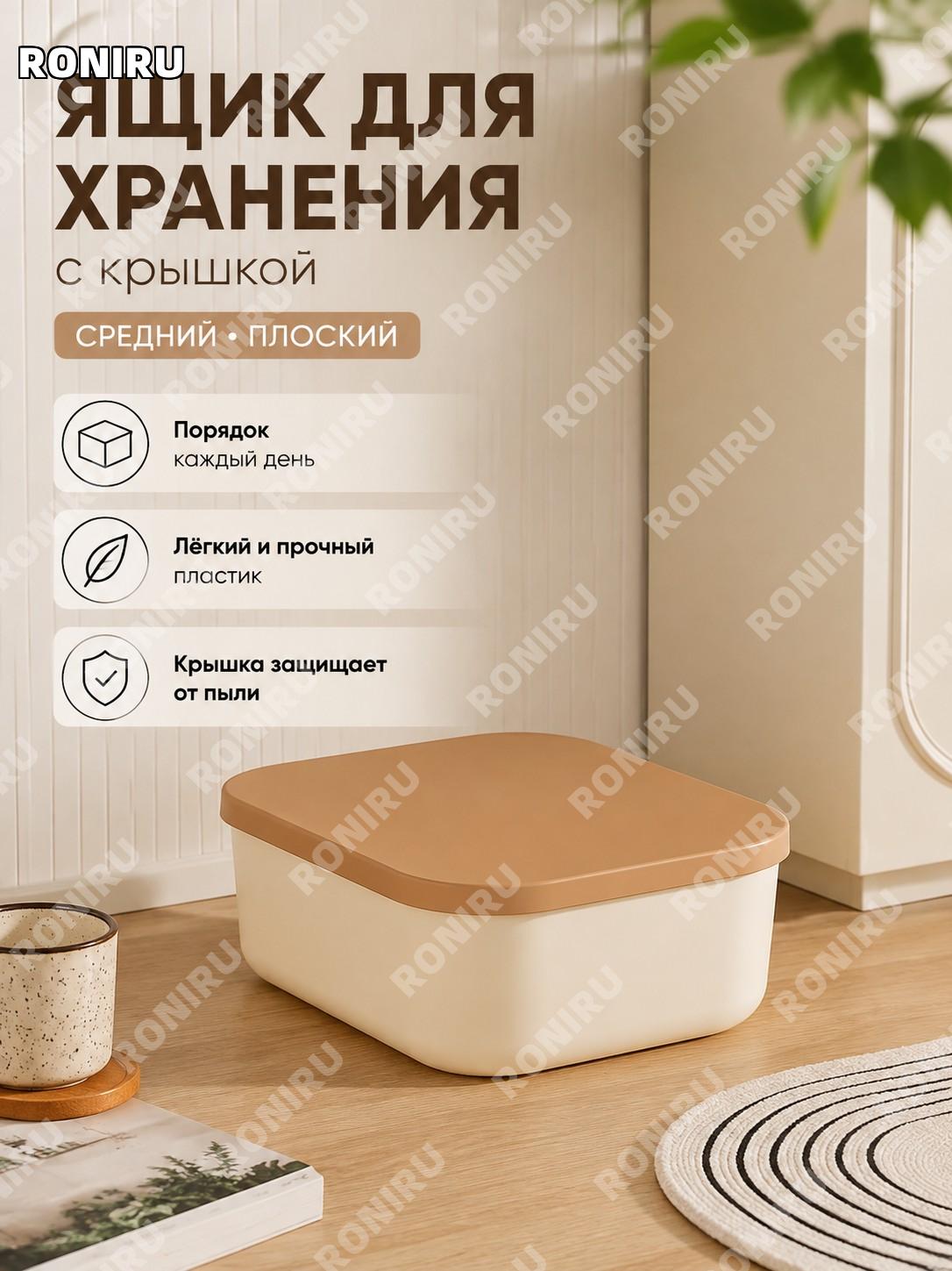 Органайзер-контейнер для мелочей с крышкой, плоский средний размер, пластиковый короб для хранения на столе дома