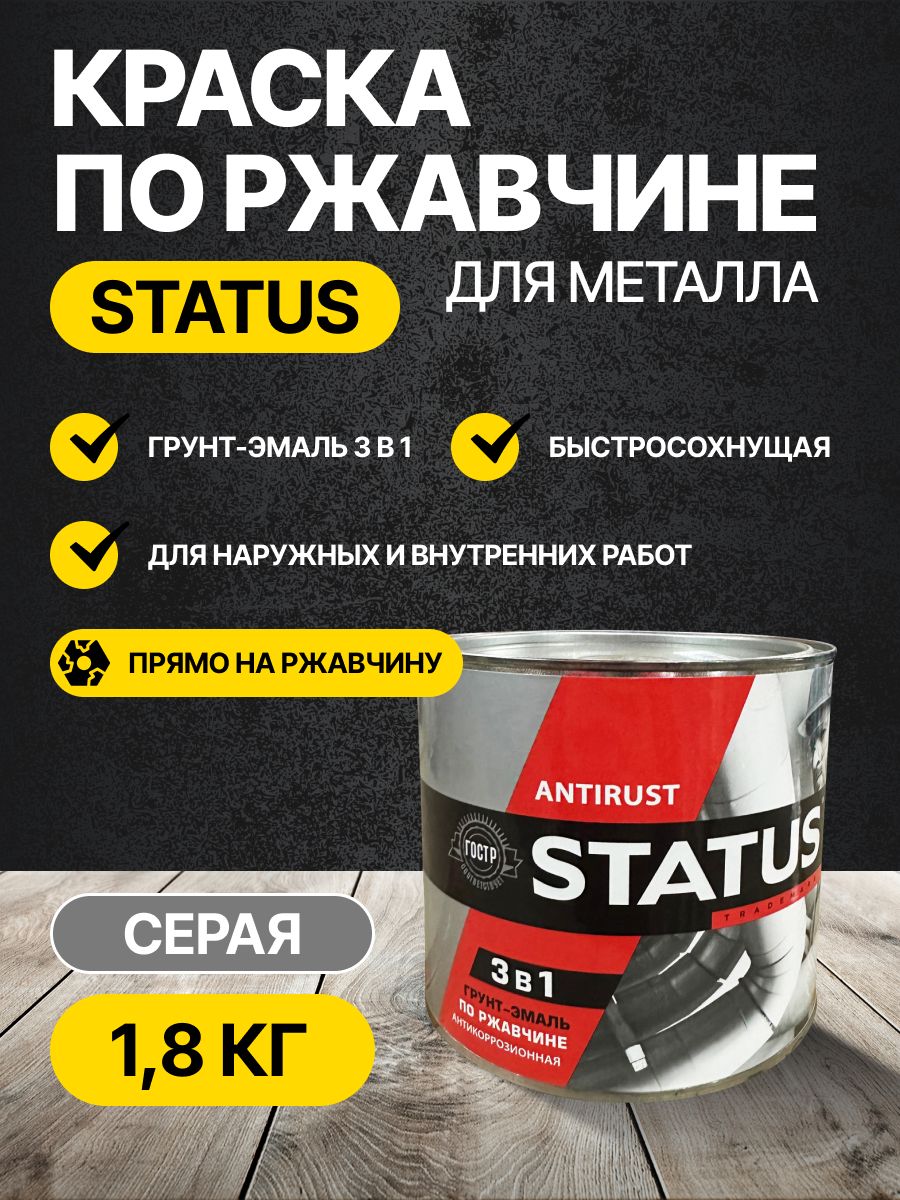 Грунт-эмаль 3в1 / краска по ржавчине для металла быстросохнущая серая 1,8 кг / преобразователь ржавчины STATUS радугамалер