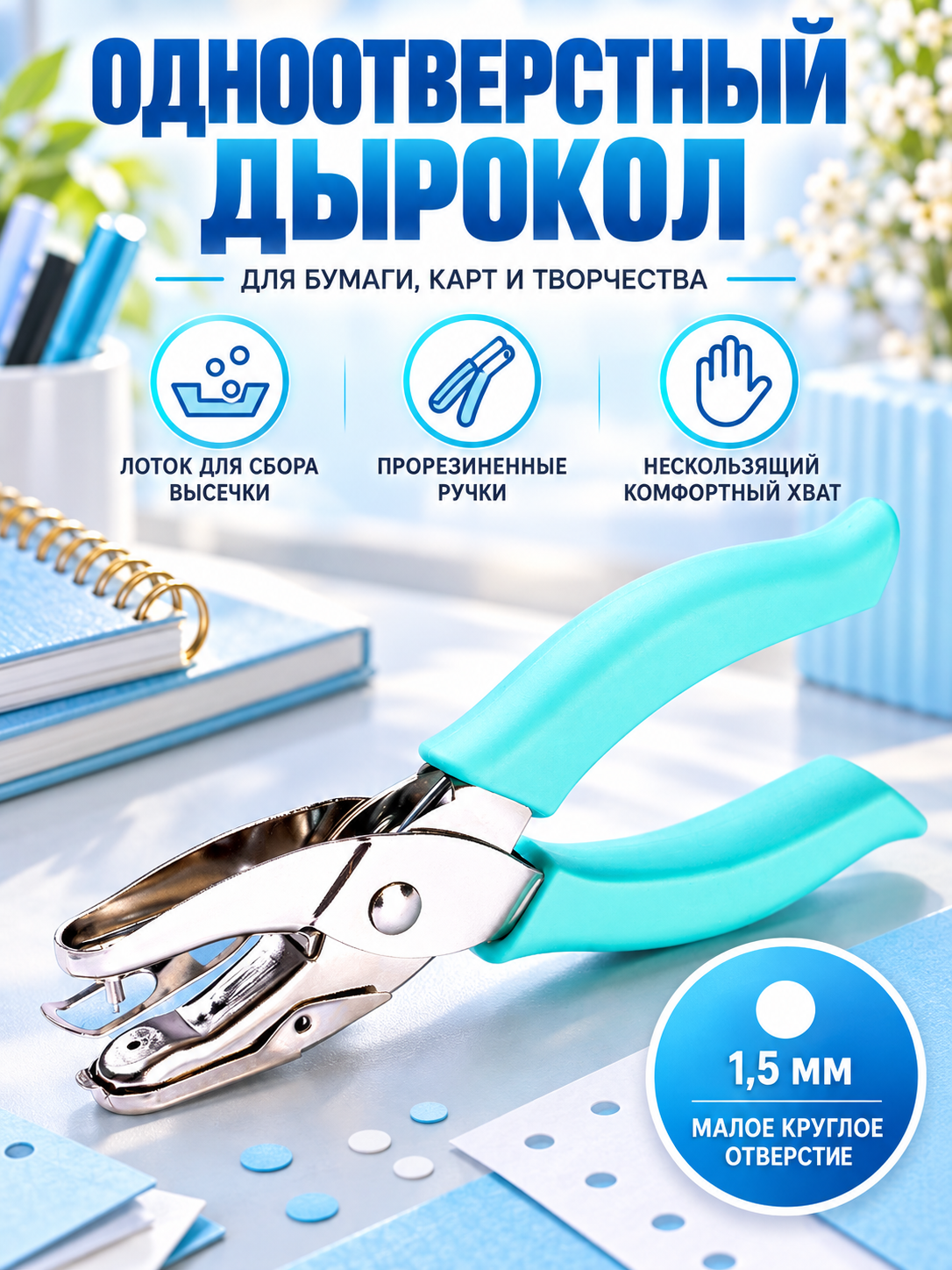 Одноотверстный дырокол бирюзовый ручной с лотком для сбора высечки, прорезиненные ручки, для бумаги, карточек и творчества